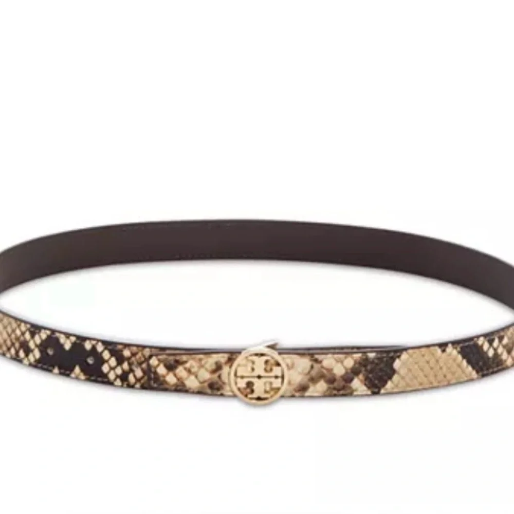 Tory Burch Snake-Print Slim Leather Belt in Neutral Brown